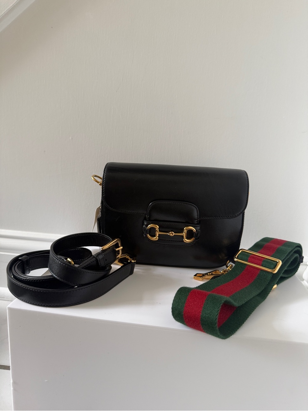 Black Leather Shoulder Bag with Gold Hardware